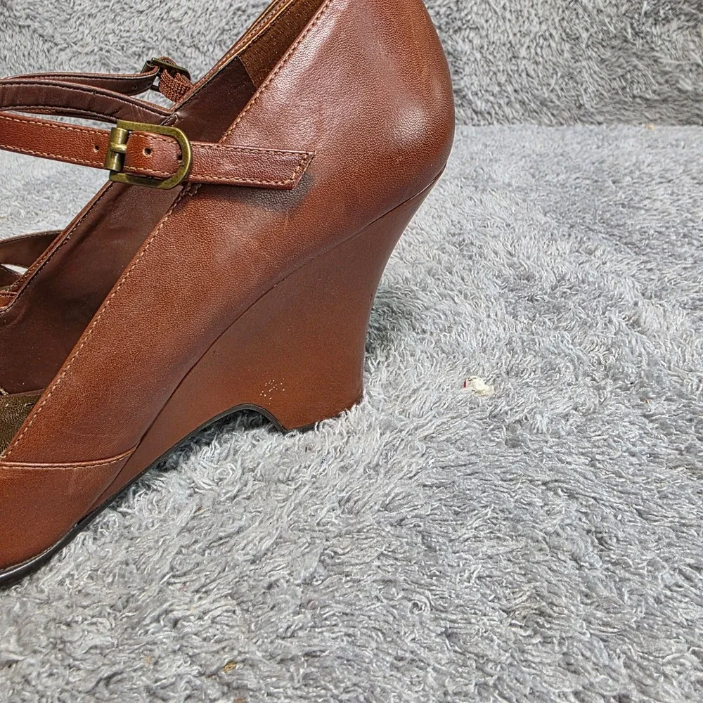 Gianni Bini Mary Jane Wedge Cognac Brown Leather Art Heels Womens 8.5M Excellent